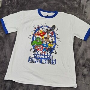 NWOT Marvel Comics‎ Super Heroes Graphic T-Shirt White Blue Ringer Youth Medium